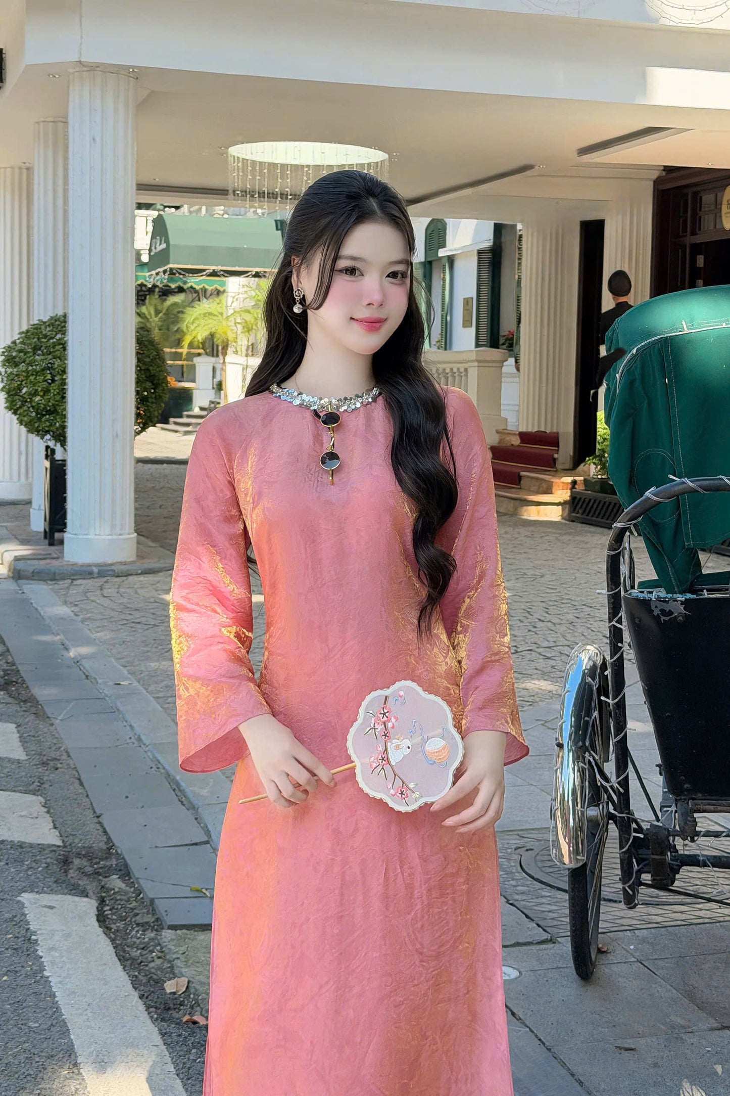 H500 1979 Áo only - Áo dài tằm tencel đính cổ màu hồng