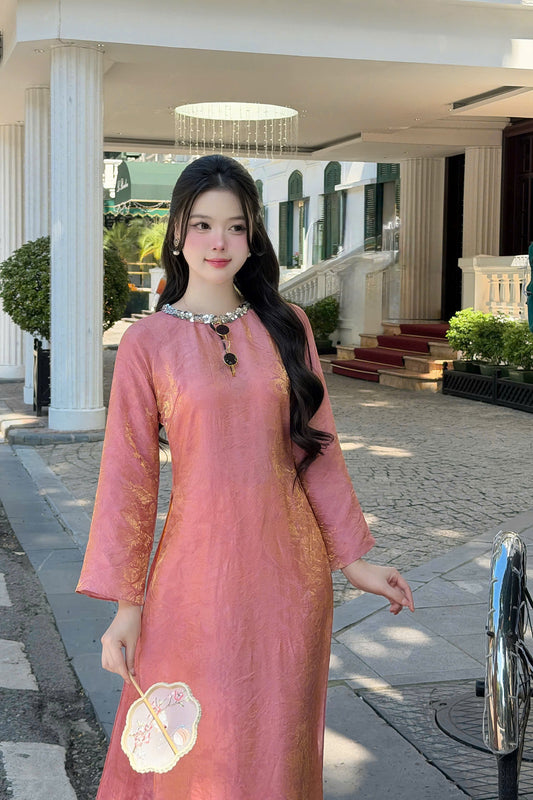 H500 1979 Áo only - Áo dài tằm tencel đính cổ màu hồng