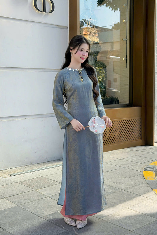 H501 1980 Áo only - Áo dài tằm tencel đính cổ màu xanh xám