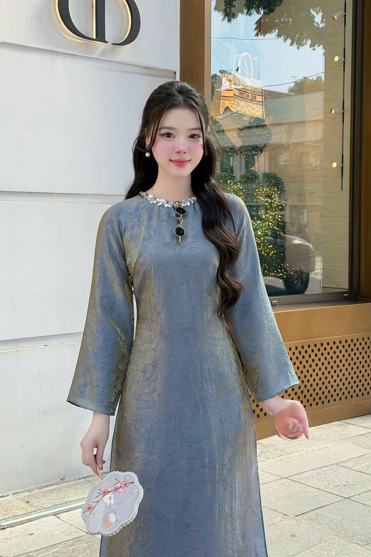 H501 1980 Áo only - Áo dài tằm tencel đính cổ màu xanh xám