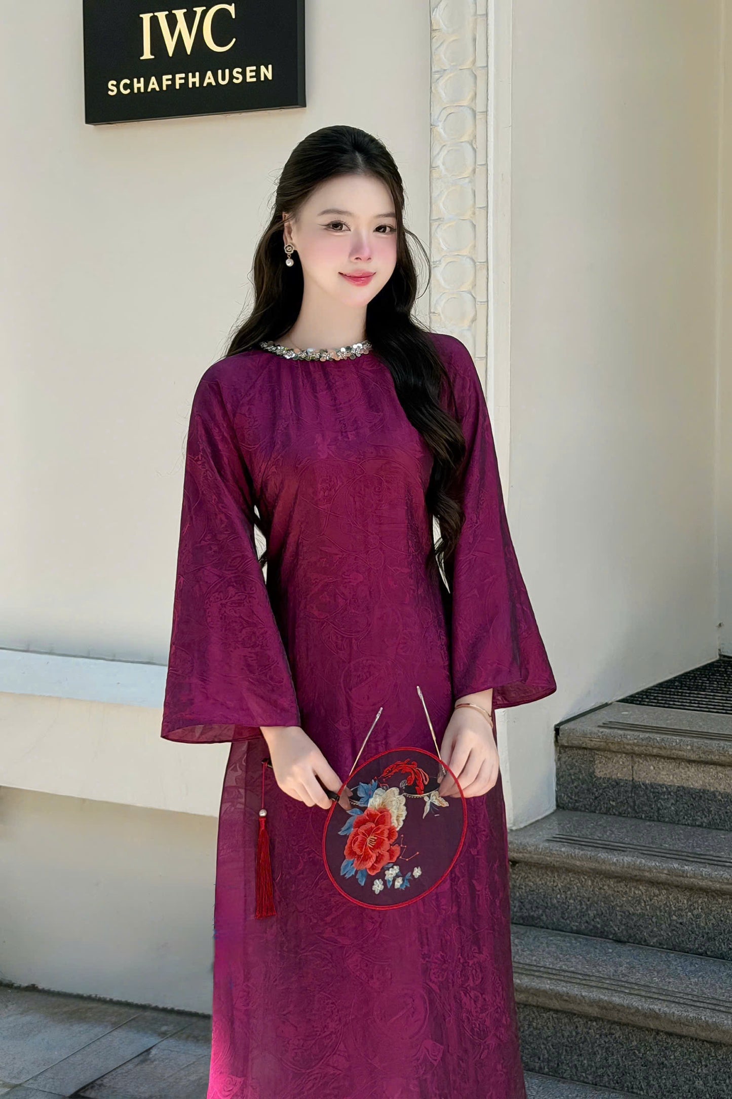 H503 1981 Áo only - Áo dài tằm tencel đính cổ màu tím cẩm