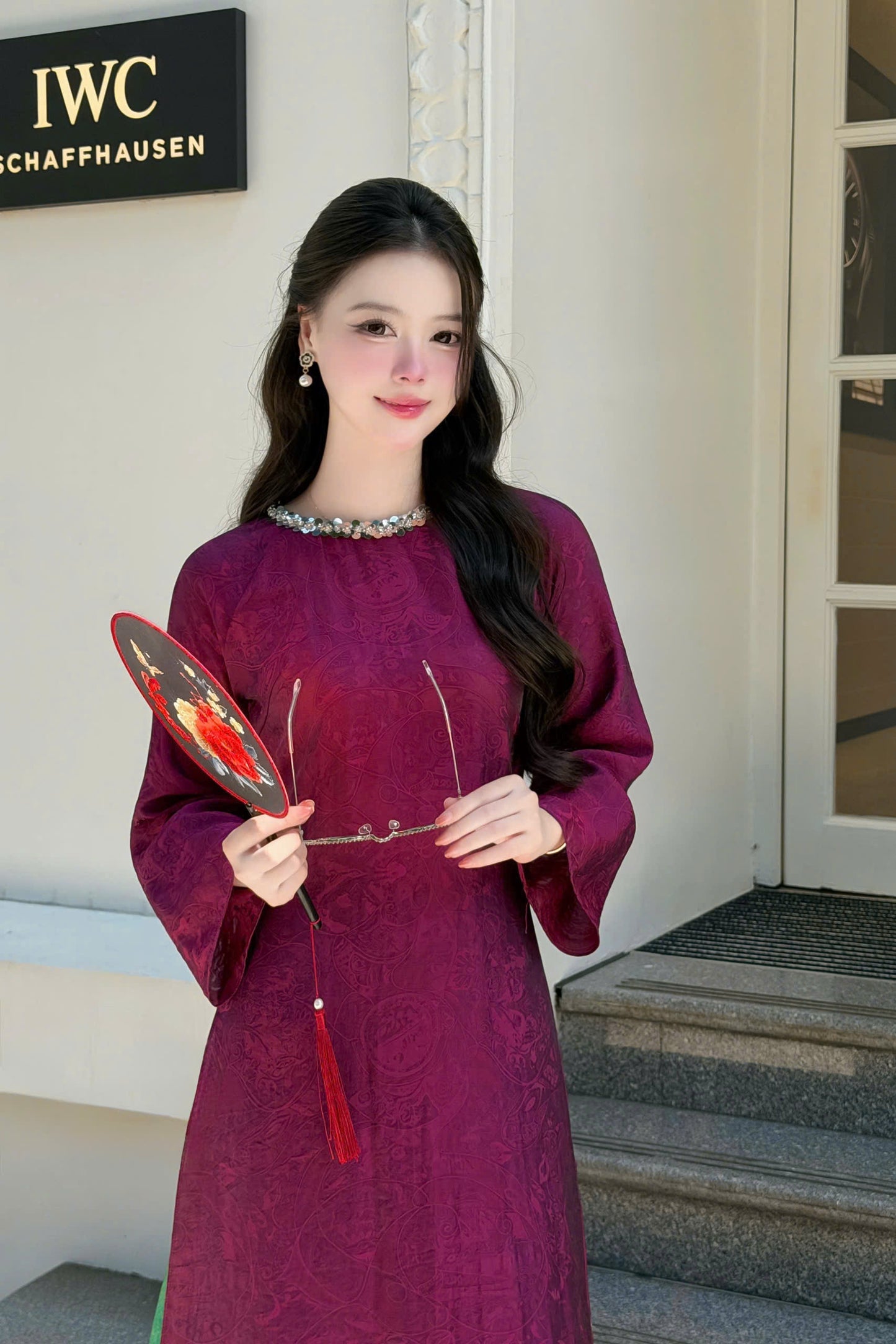 H503 1981 Áo only - Áo dài tằm tencel đính cổ màu tím cẩm