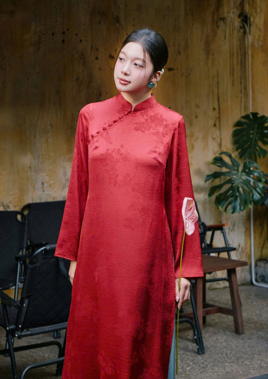 H504 1982 Áo + quần - Áo dài dáng suông gấm châu sa 2 tà màu đỏ