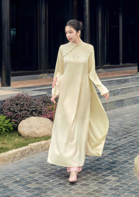 H505 1983 Áo + quần - Áo dài dáng suông gấm châu sa 2 tà màu vàng