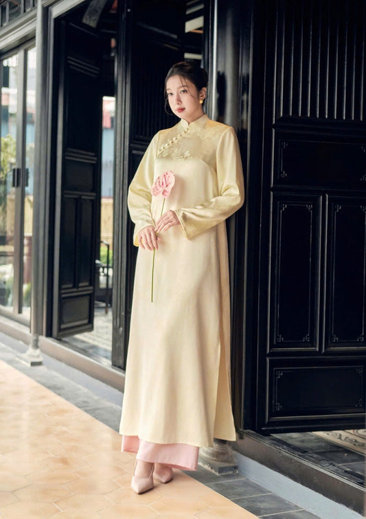 H505 1983 Áo + quần - Áo dài dáng suông gấm châu sa 2 tà màu vàng