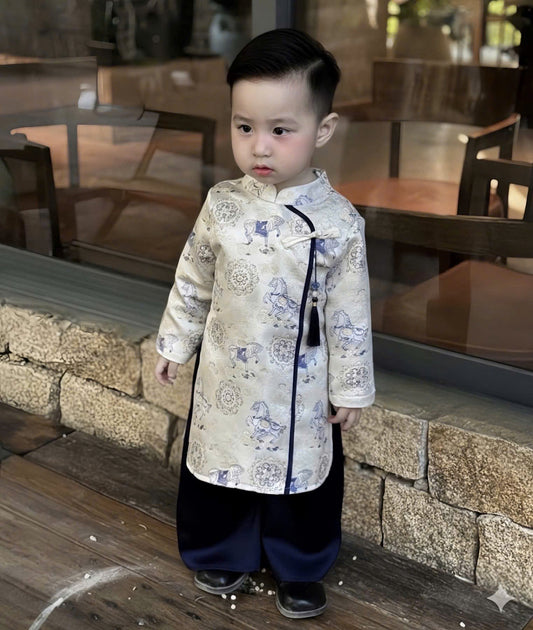 BT70 1993 Áo + quần - Áo dài bé trai gấm màu trắng