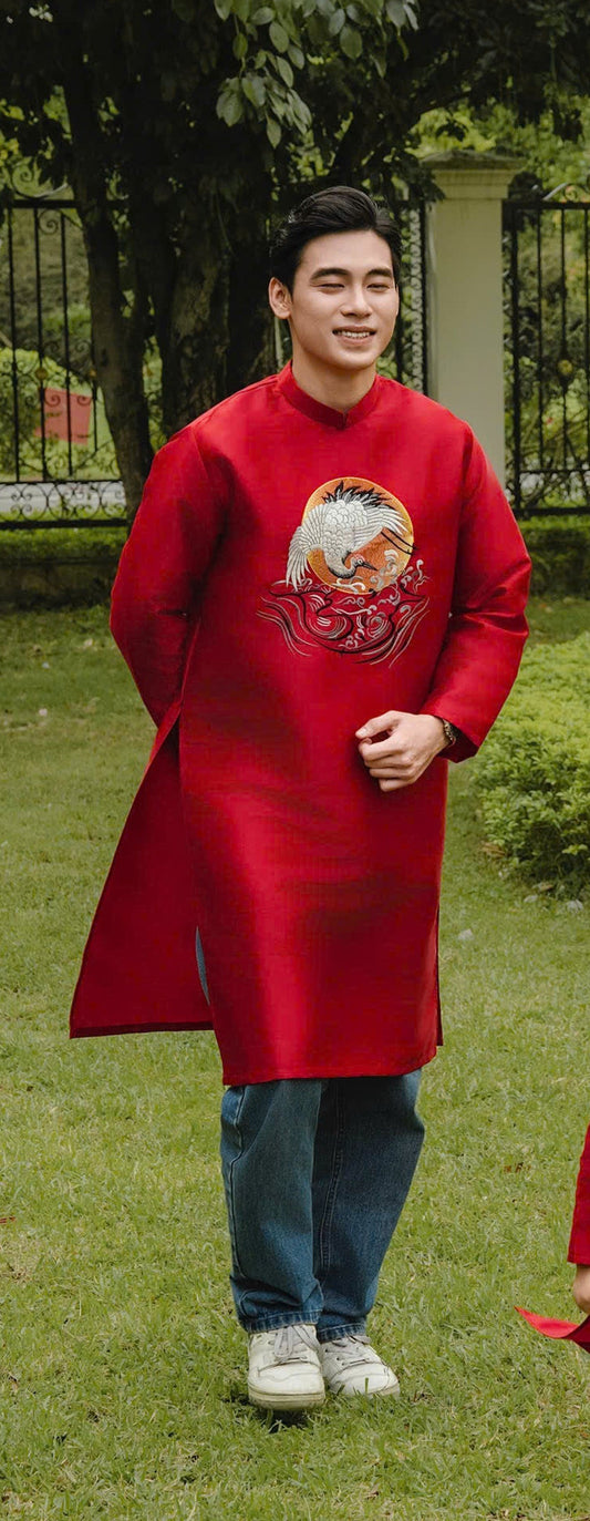 B121 2089 Áo only - Áo dài bố thêu sếu đầu đỏ màu đỏ