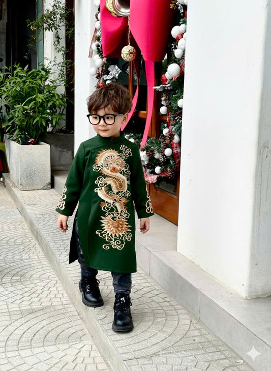 BT69 1992 Áo only - Áo dài bé trai thêu rồng màu xanh lá