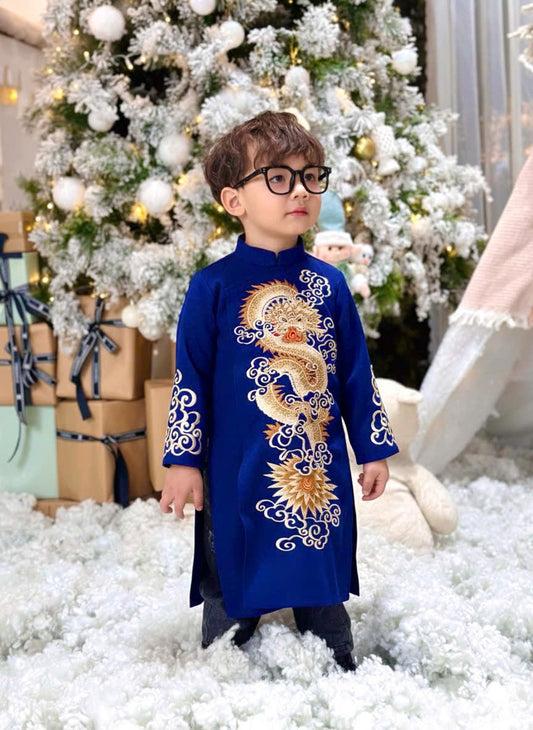 BT67 1990 Áo only - Áo dài bé trai thêu rồng màu xanh dương