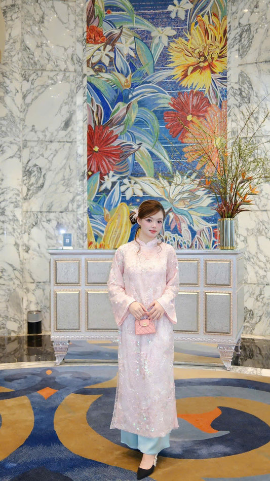 H510 2117 Áo only -  Áo dài kim sa hồng phấn 4 tà