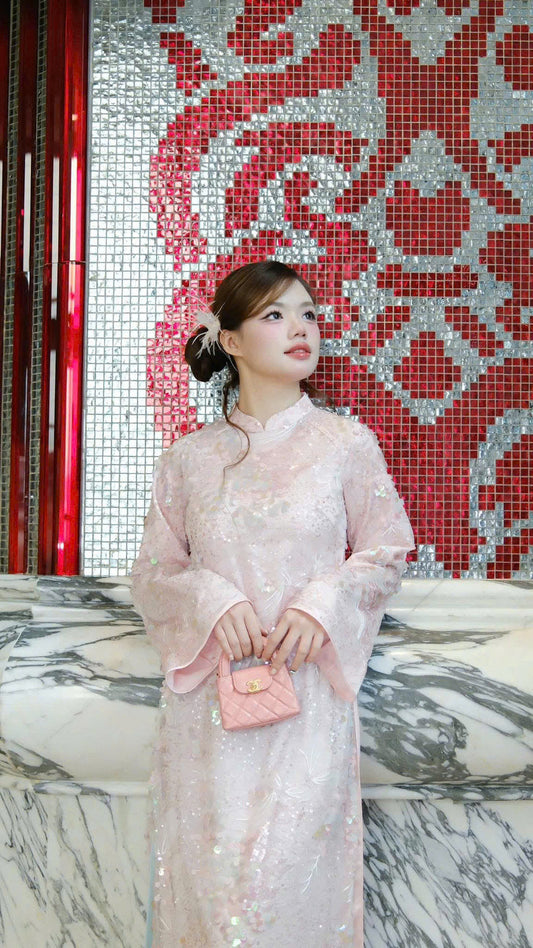 H510 2117 Áo only - Áo dài kim sa hồng phấn 4 tà