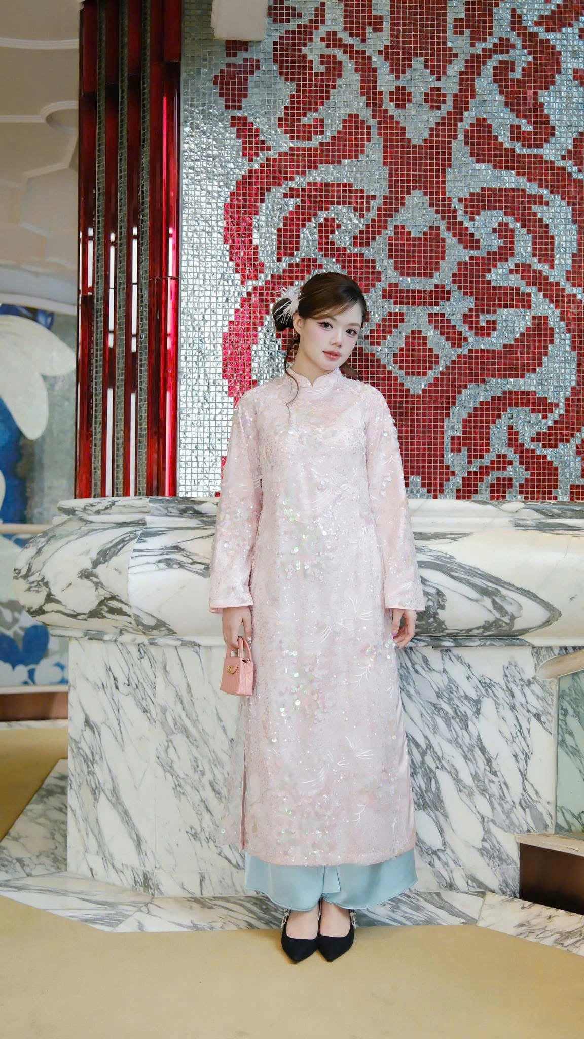 H510 2117 Áo only -  Áo dài kim sa hồng phấn 4 tà