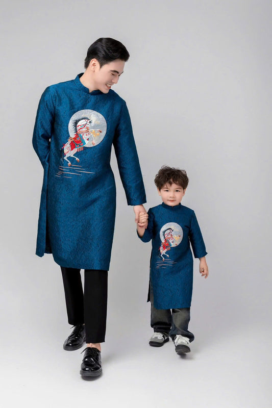 BT72 2120 Áo only - Áo dài bé trai thêu ngựa màu xanh dương
