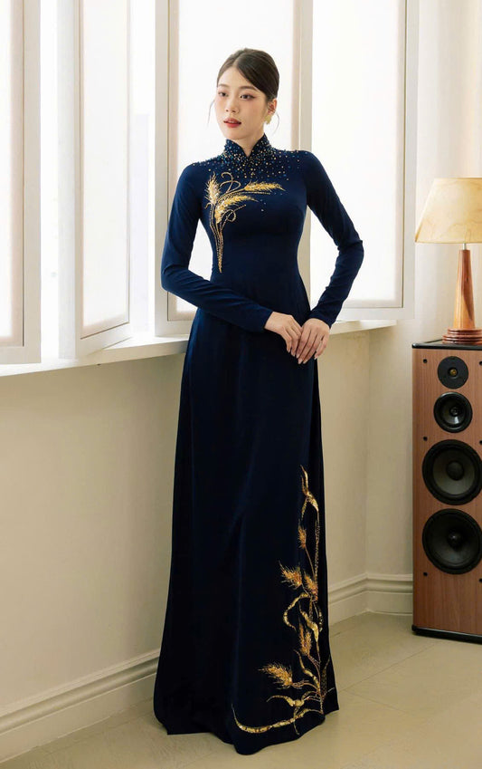 S252 2121 Áo only - Áo dài chiffon 4 tà màu xanh than đính kết