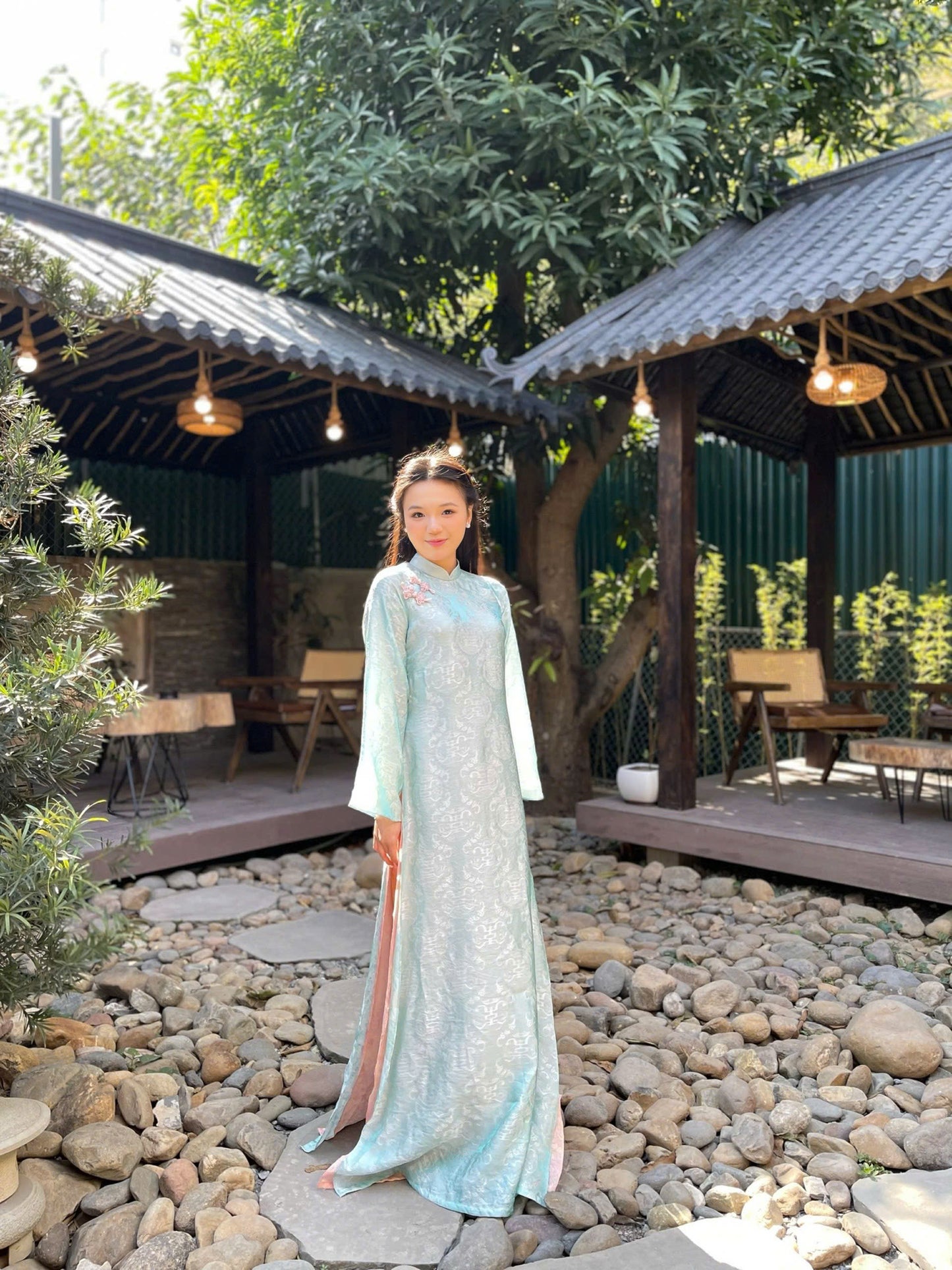 M273 2124 Áo + quần - Áo dài tằm ánh kim tencel dáng suông 4 tà thọ dơi màu xanh ngọc kèm quần cam