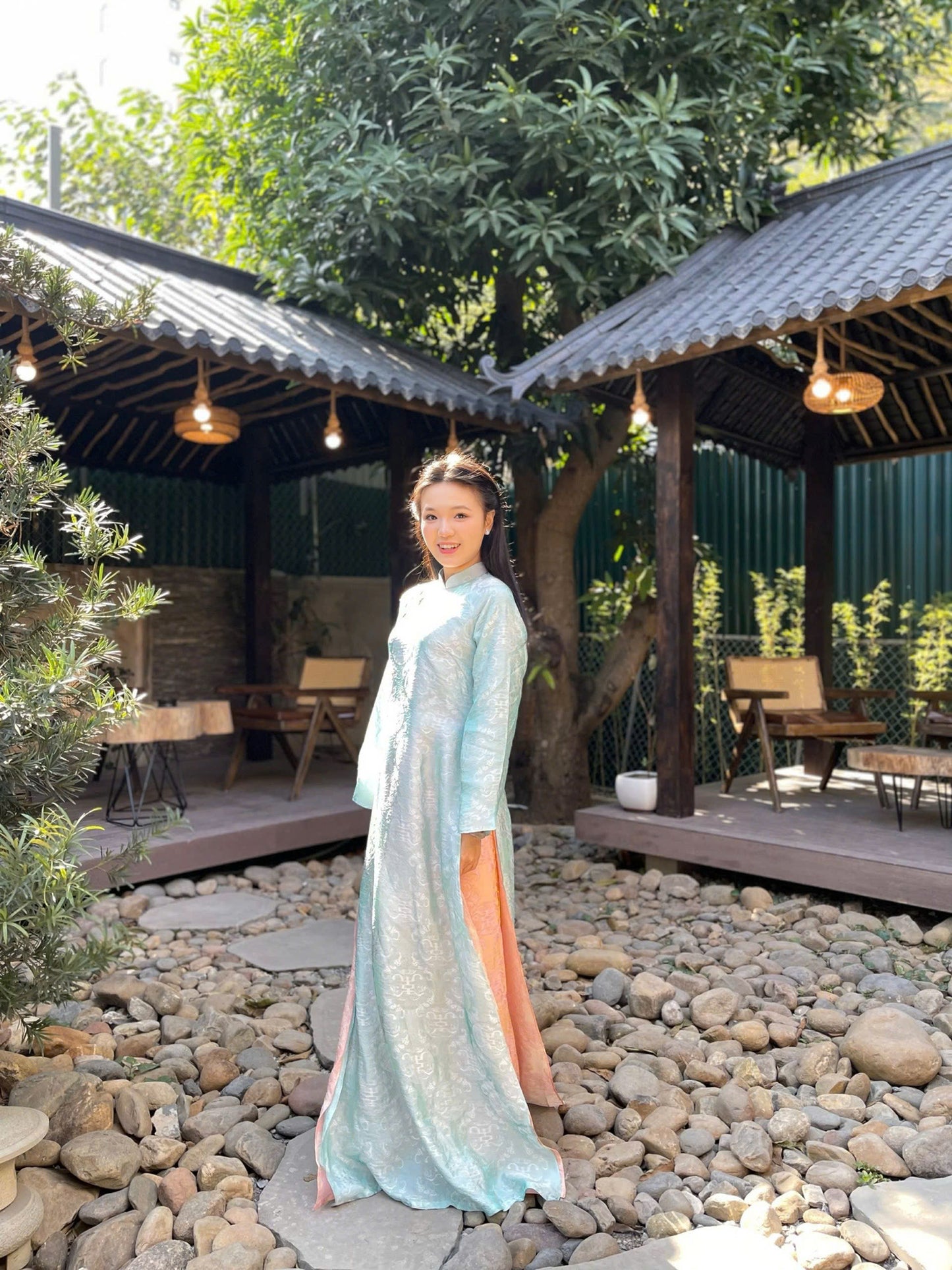 M273 2124 Áo + quần - Áo dài tằm ánh kim tencel dáng suông 4 tà thọ dơi màu xanh ngọc kèm quần cam