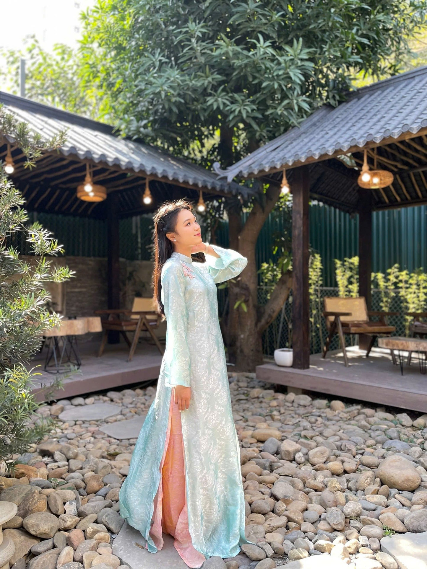 M273 2124 Áo + quần - Áo dài tằm ánh kim tencel dáng suông 4 tà thọ dơi màu xanh ngọc kèm quần cam