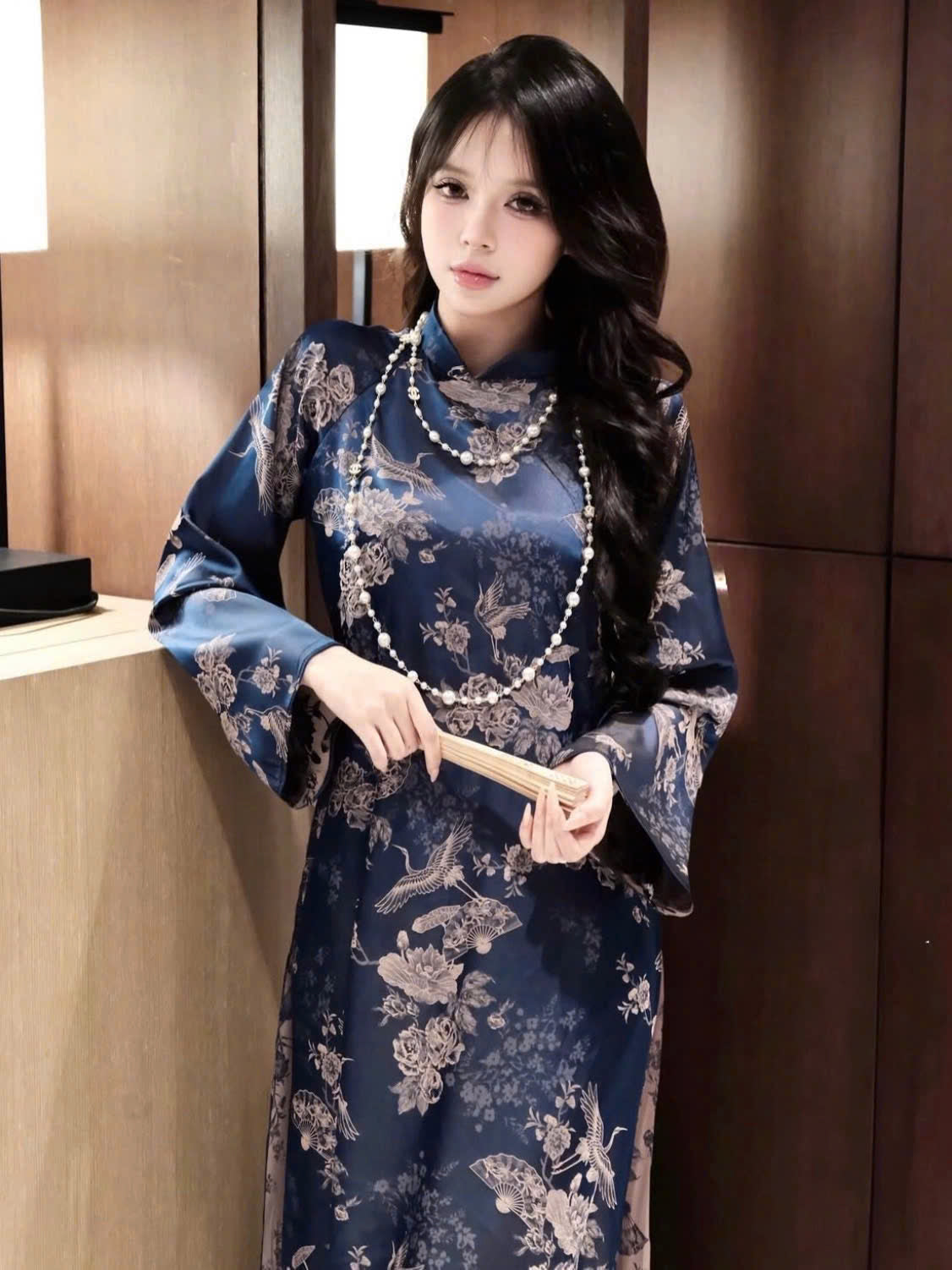 H512 2126 Áo only - Áo dài dáng suông 2 tà lụa gấm sen hạc