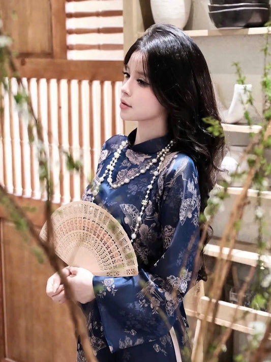 H512 2126 Áo only - Áo dài dáng suông 2 tà lụa gấm sen hạc