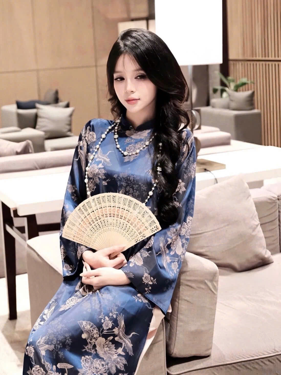 H512 2126 Áo only - Áo dài dáng suông 2 tà lụa gấm sen hạc