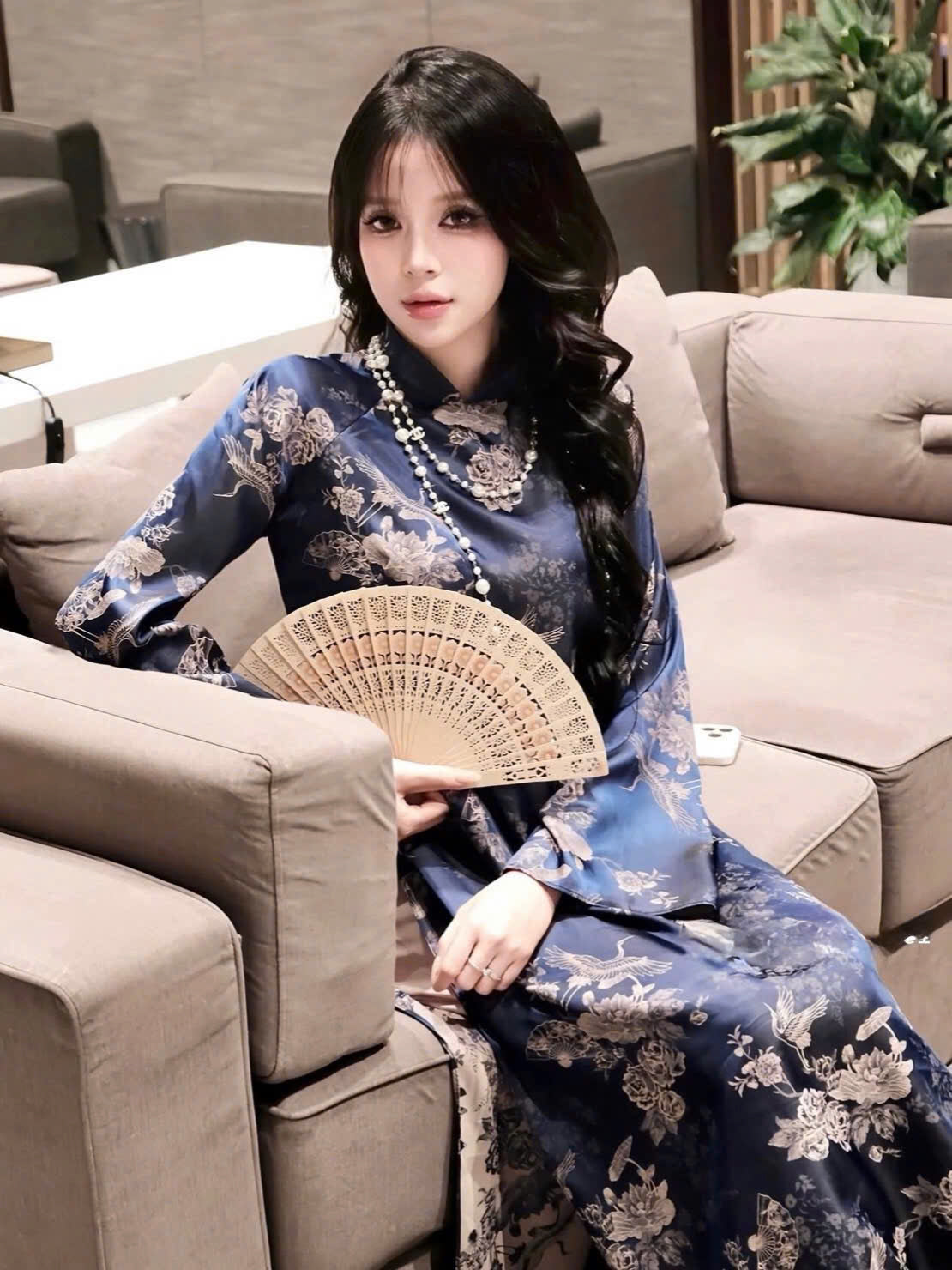 H512 2126 Áo only - Áo dài dáng suông 2 tà lụa gấm sen hạc