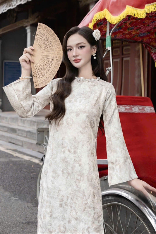 H513 2127 Áo only - Áo dài dáng suông lụa gấm màu kem đính cổ