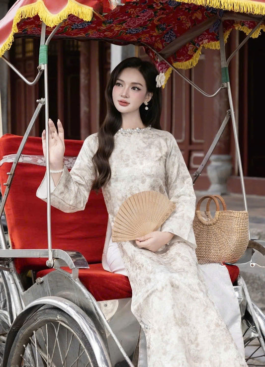 H513 2127 Áo only - Áo dài dáng suông lụa gấm màu kem đính cổ