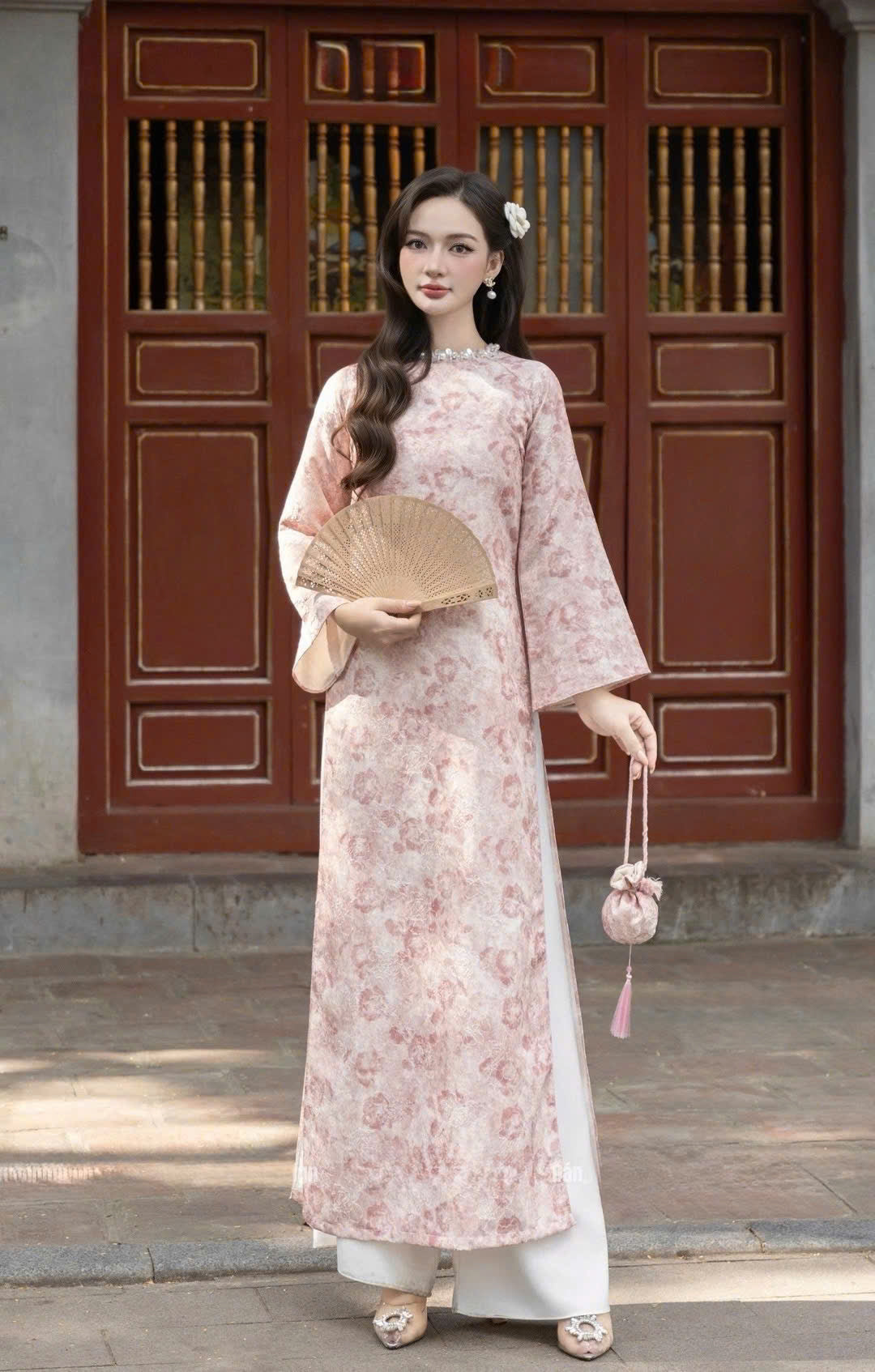 H583 Áo only - Áo dài dáng suông lụa gấm màu hồng đính cổ