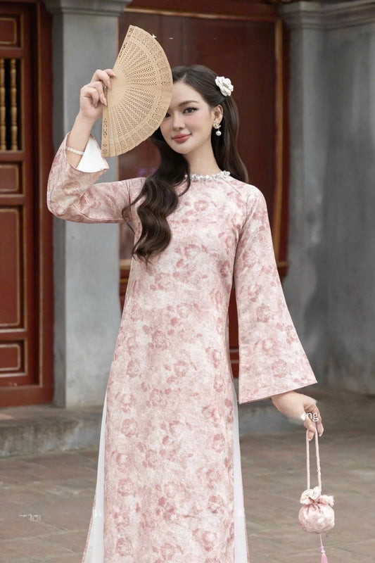 H514 2149 Áo only - Áo dài dáng suông lụa gấm màu hồng đính cổ