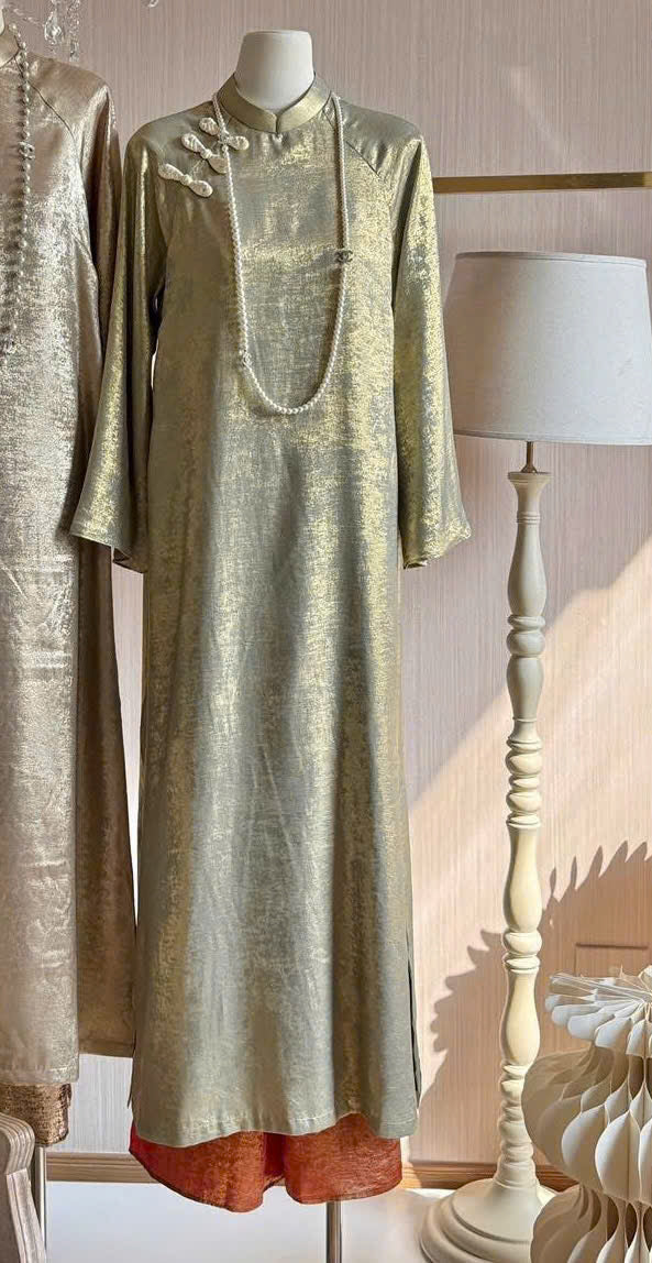 M275 2125 Áo + quần nhũ cam - Áo dài dáng suông 4 tà lụa nhũ paris