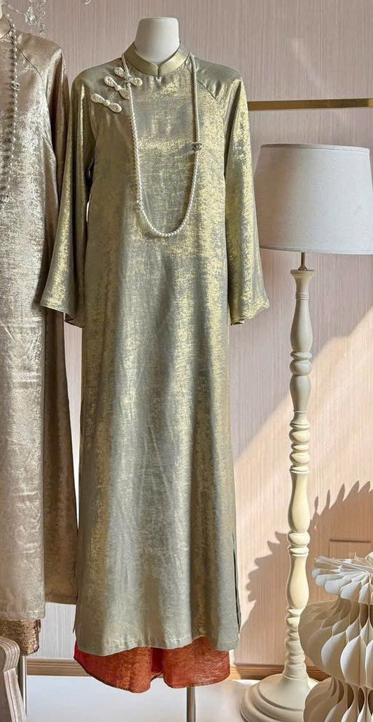 M275 2125 Áo + quần nhũ cam - Áo dài dáng suông 4 tà lụa nhũ paris