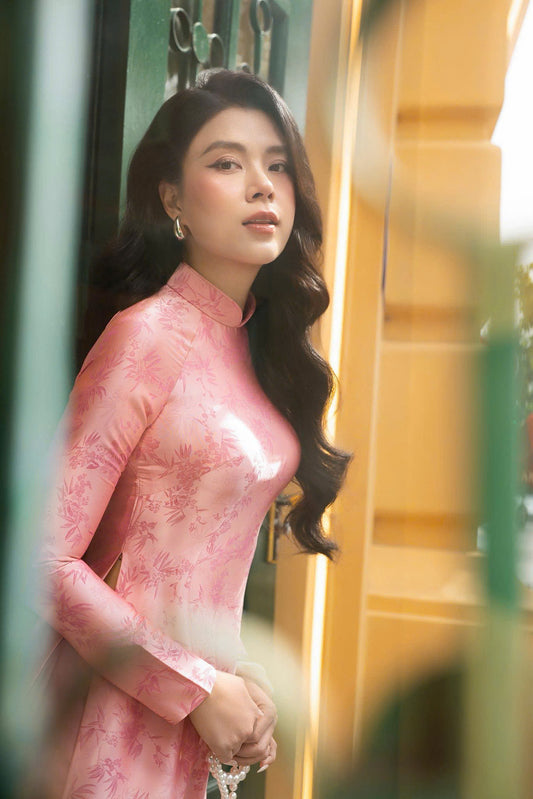 H519 2194 Áo + quần lụa - Áo dài lụa 2 da màu hồng