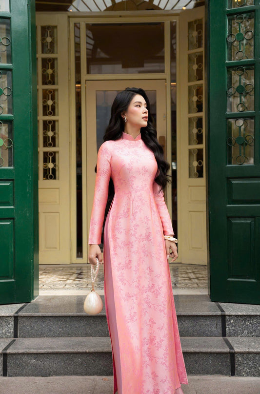 H519 2194 Áo + quần lụa - Áo dài lụa 2 da màu hồng