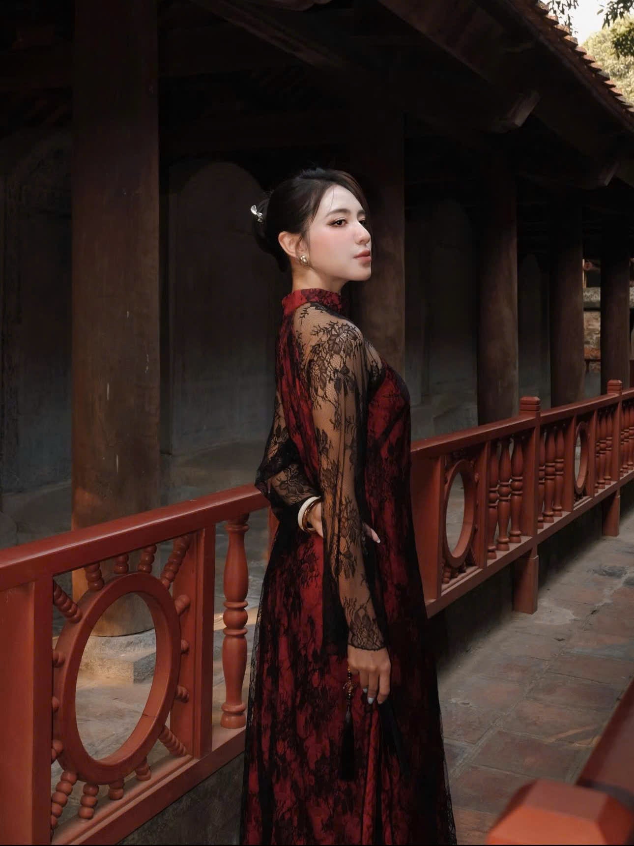 R15 2248 Áo + quần ren 3 lớp - Áo dài dáng suông ren lót tằm tencel đỏ