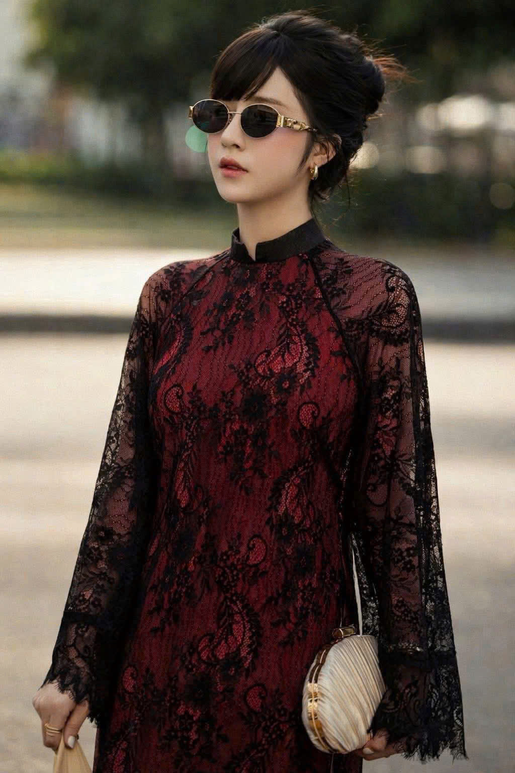 R15 2248 Áo + quần ren 3 lớp - Áo dài dáng suông ren lót tằm tencel đỏ