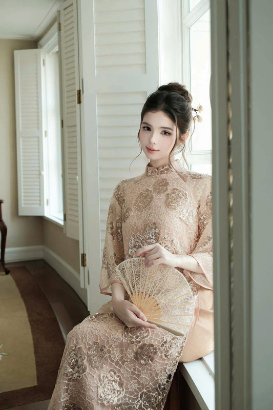 H328 3324 only áo - Áo dài dáng suông kimsa màu nâu nhạt