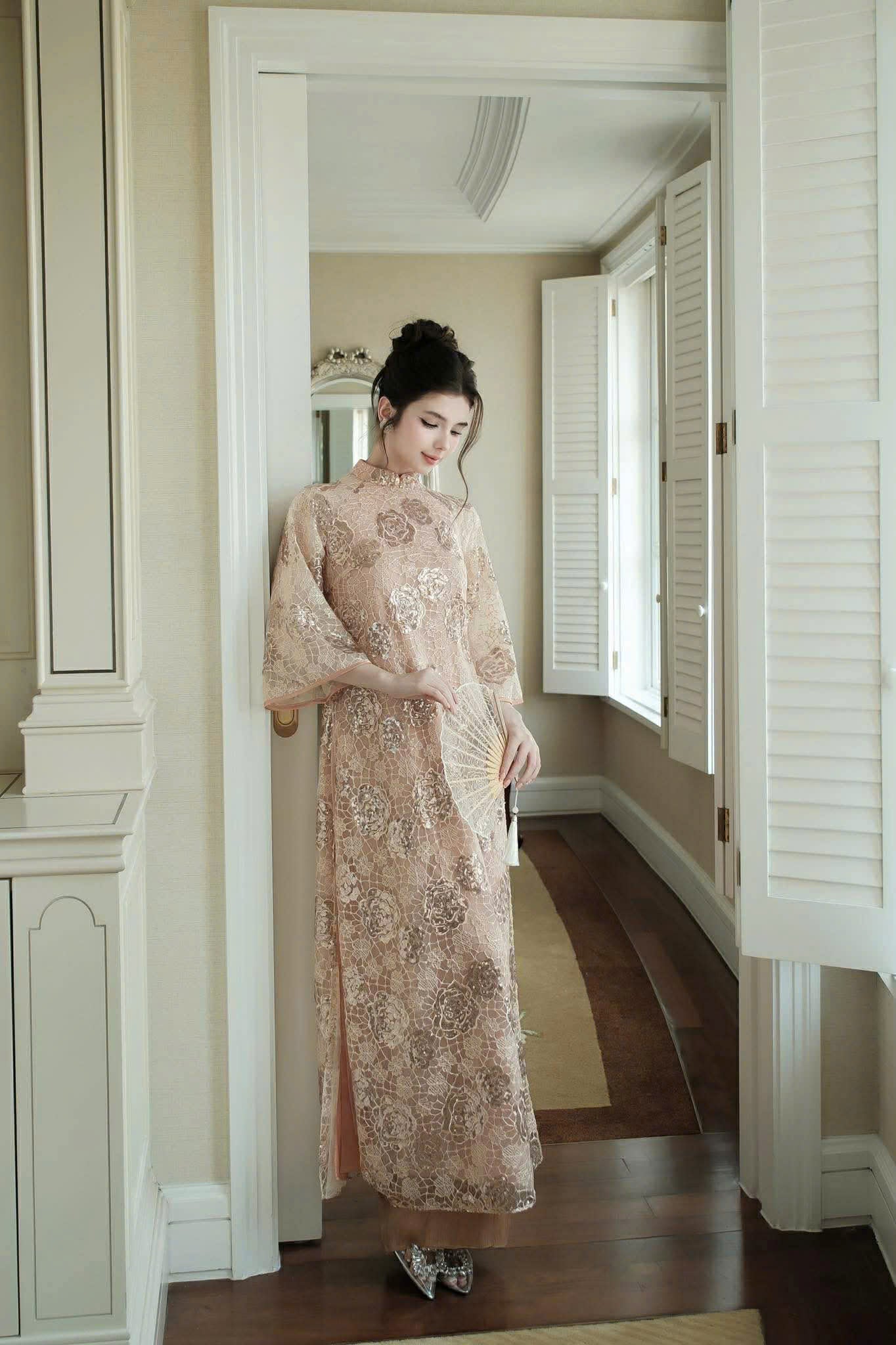 H328 3324 only áo - Áo dài dáng suông kimsa màu nâu nhạt