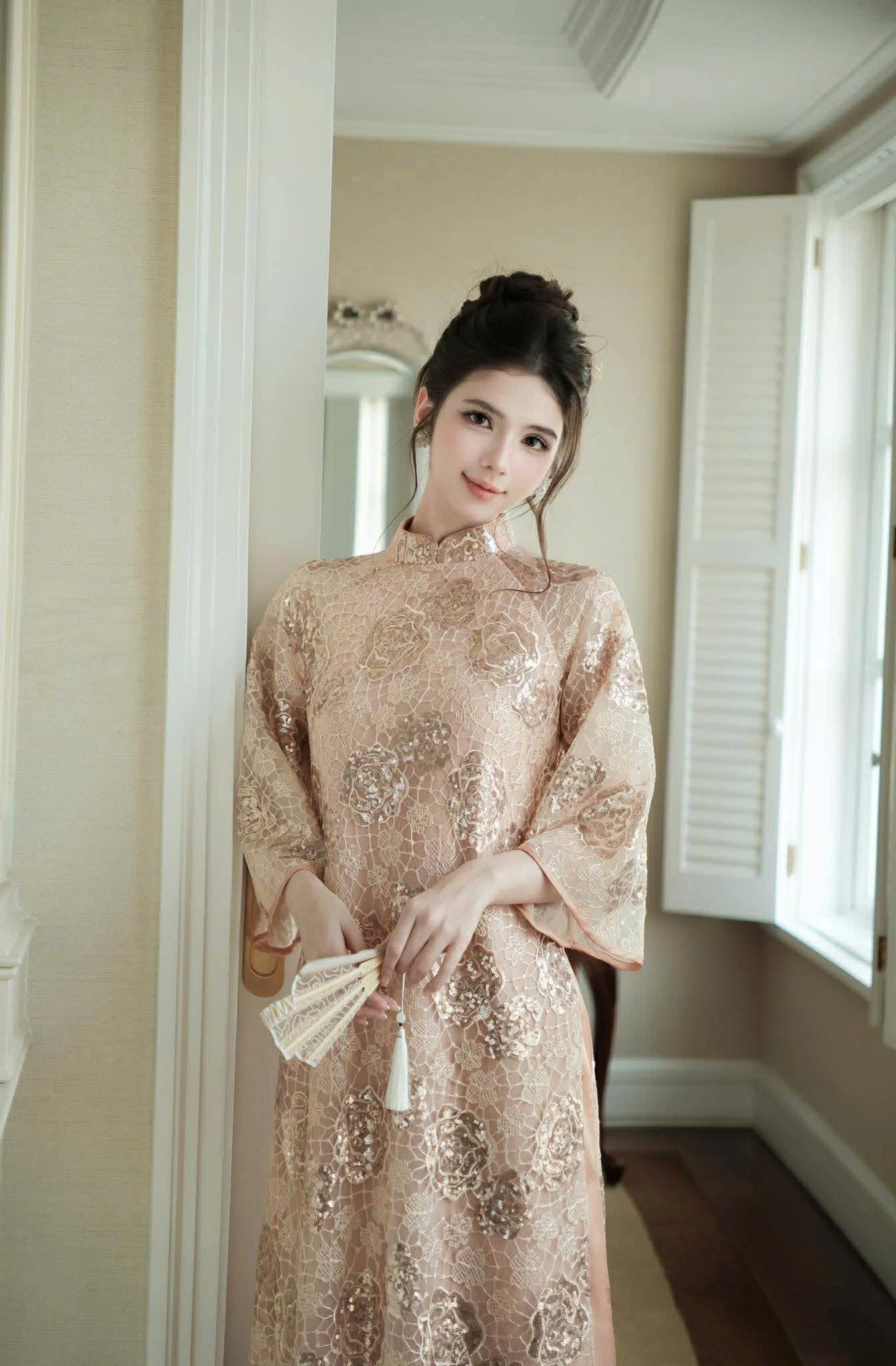 H328 3324 only áo - Áo dài dáng suông kimsa màu nâu nhạt