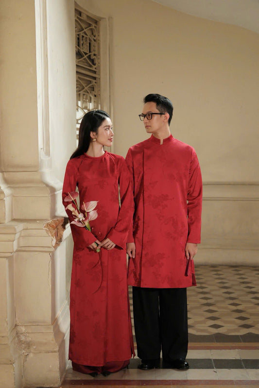 M309 3957 Áo + quần đỏ - Áo dài dáng suông lụa gấm Tình Son