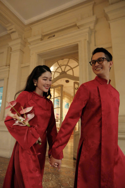 M309 3957 Áo + quần đỏ - Áo dài dáng suông lụa gấm Tình Son