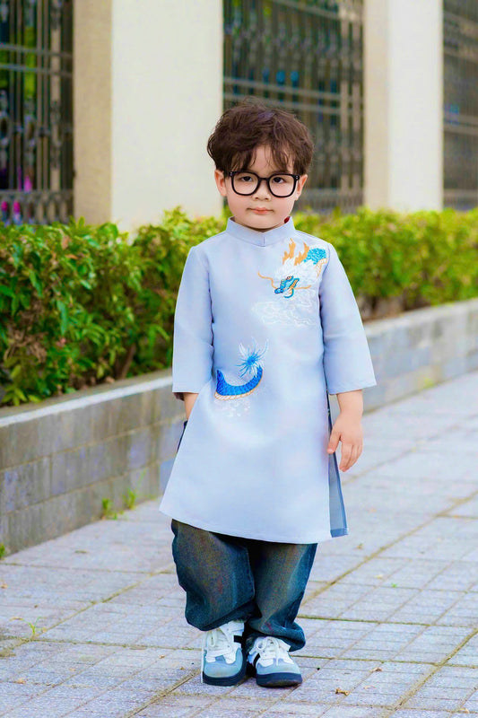 BT97-2321 Áo only - Áo dài bé nam tafta thêu rồng