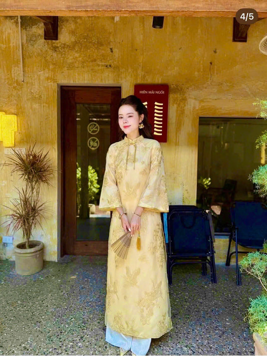 M312 2327 Áo vàng cam + quần trắng - Bộ Áo dài dáng suông tơ thêu 4 tà