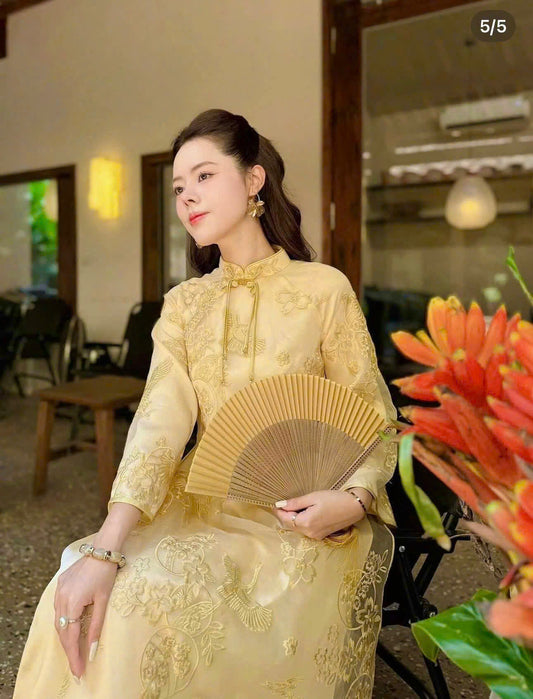 M312 2327 Áo vàng cam + quần trắng - Bộ Áo dài dáng suông tơ thêu 4 tà