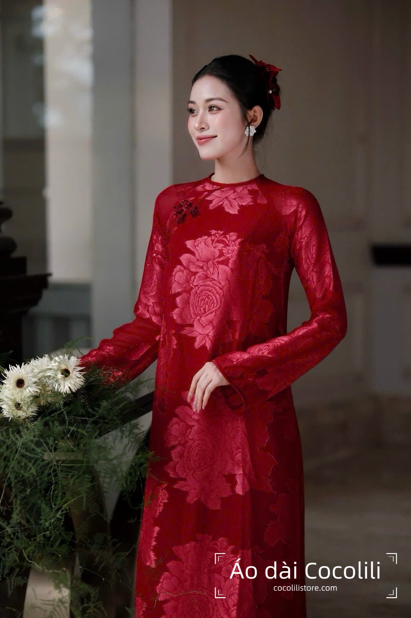 H533 2333 Only áo - Áo dài dáng suông tơ silk 4 tà màu đỏ