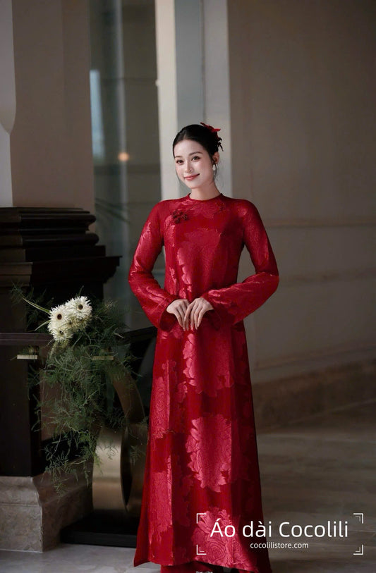 H533 2333 Only áo - Áo dài dáng suông tơ silk 4 tà màu đỏ