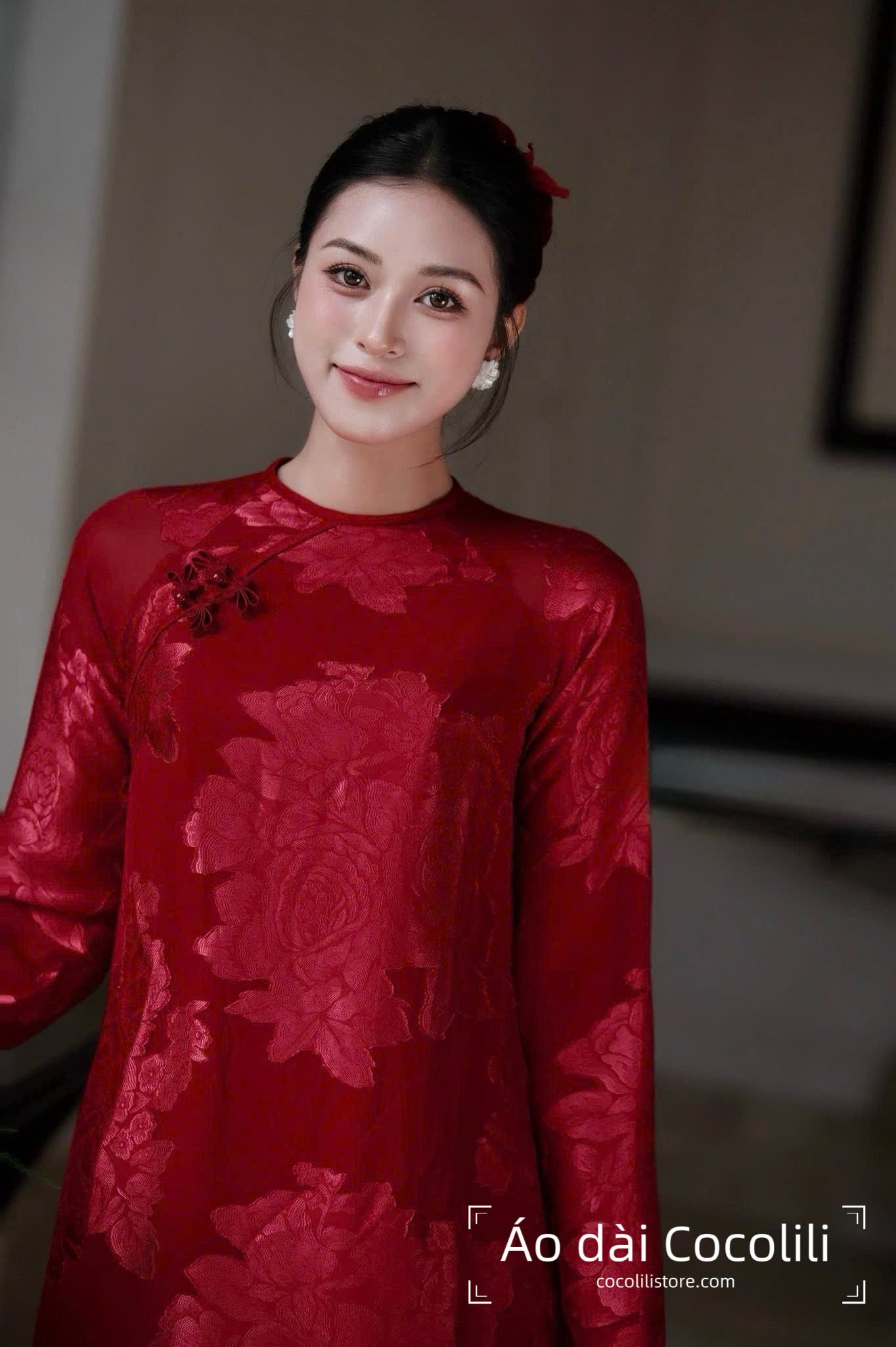 H533 2333 Only áo - Áo dài dáng suông tơ silk 4 tà màu đỏ