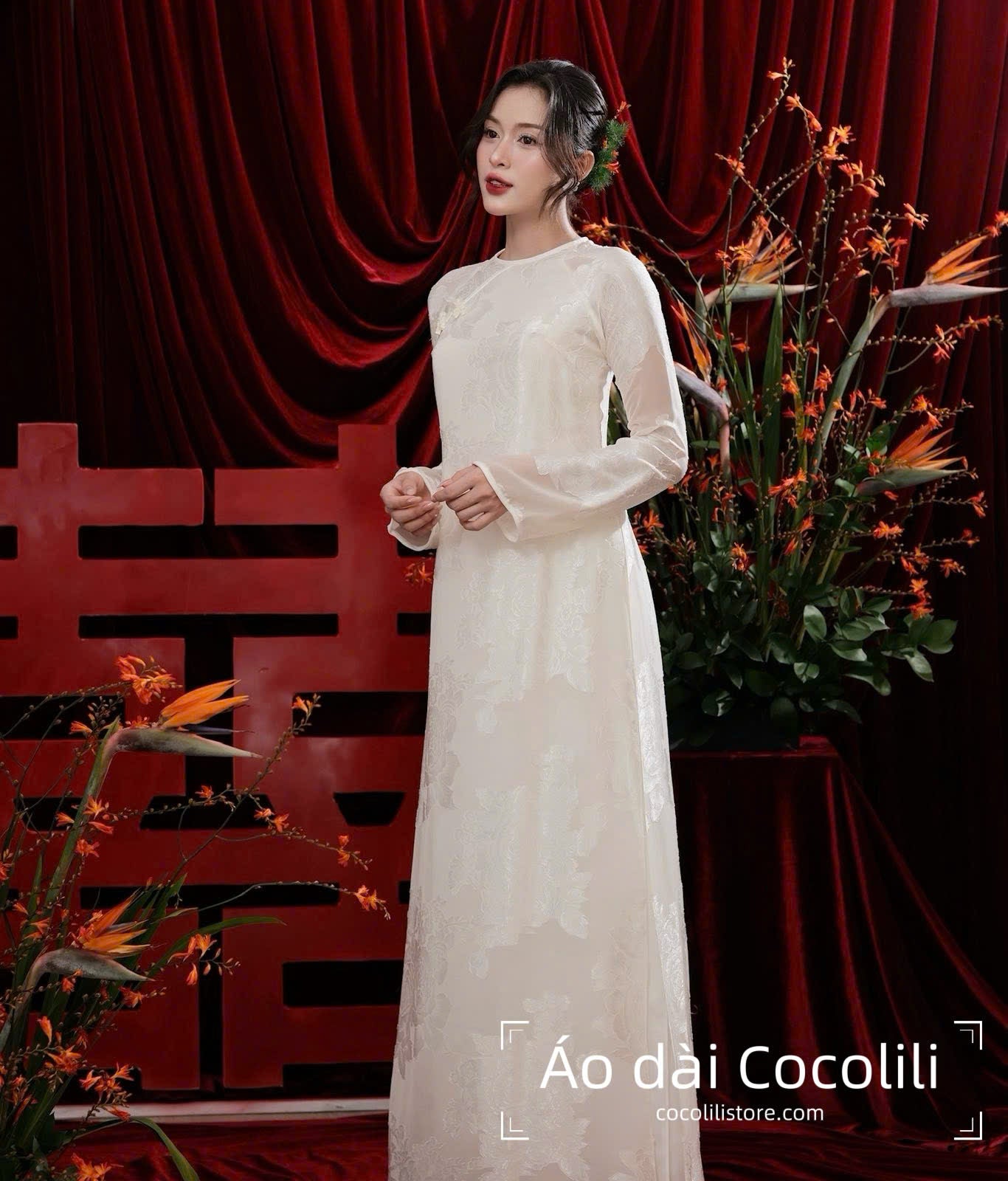 H534 3486 Only áo - Áo dài dáng suông tơ silk 4 tà màu trắng