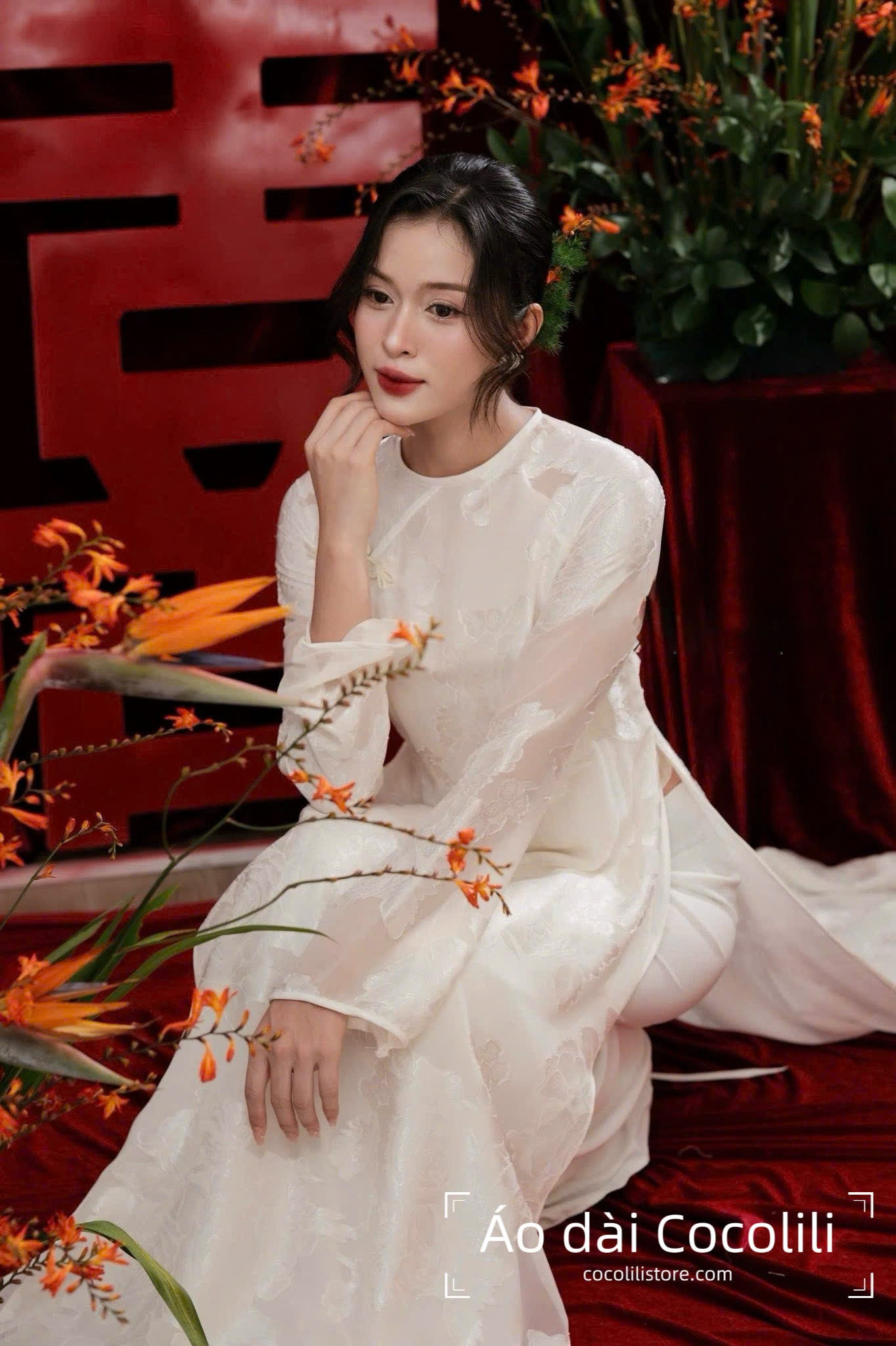 H534 3486 Only áo - Áo dài dáng suông tơ silk 4 tà màu trắng