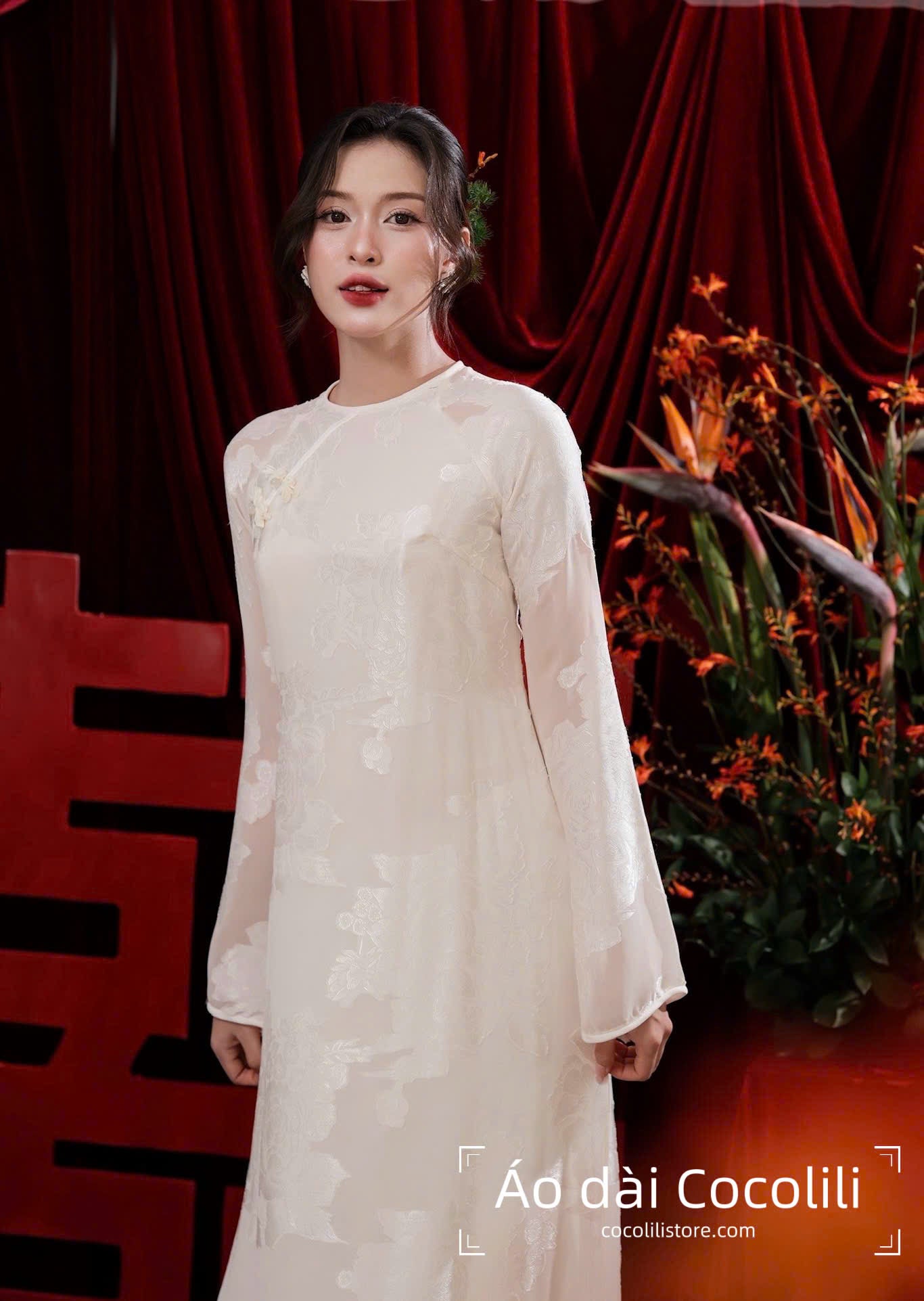 H534 3486 Only áo - Áo dài dáng suông tơ silk 4 tà màu trắng