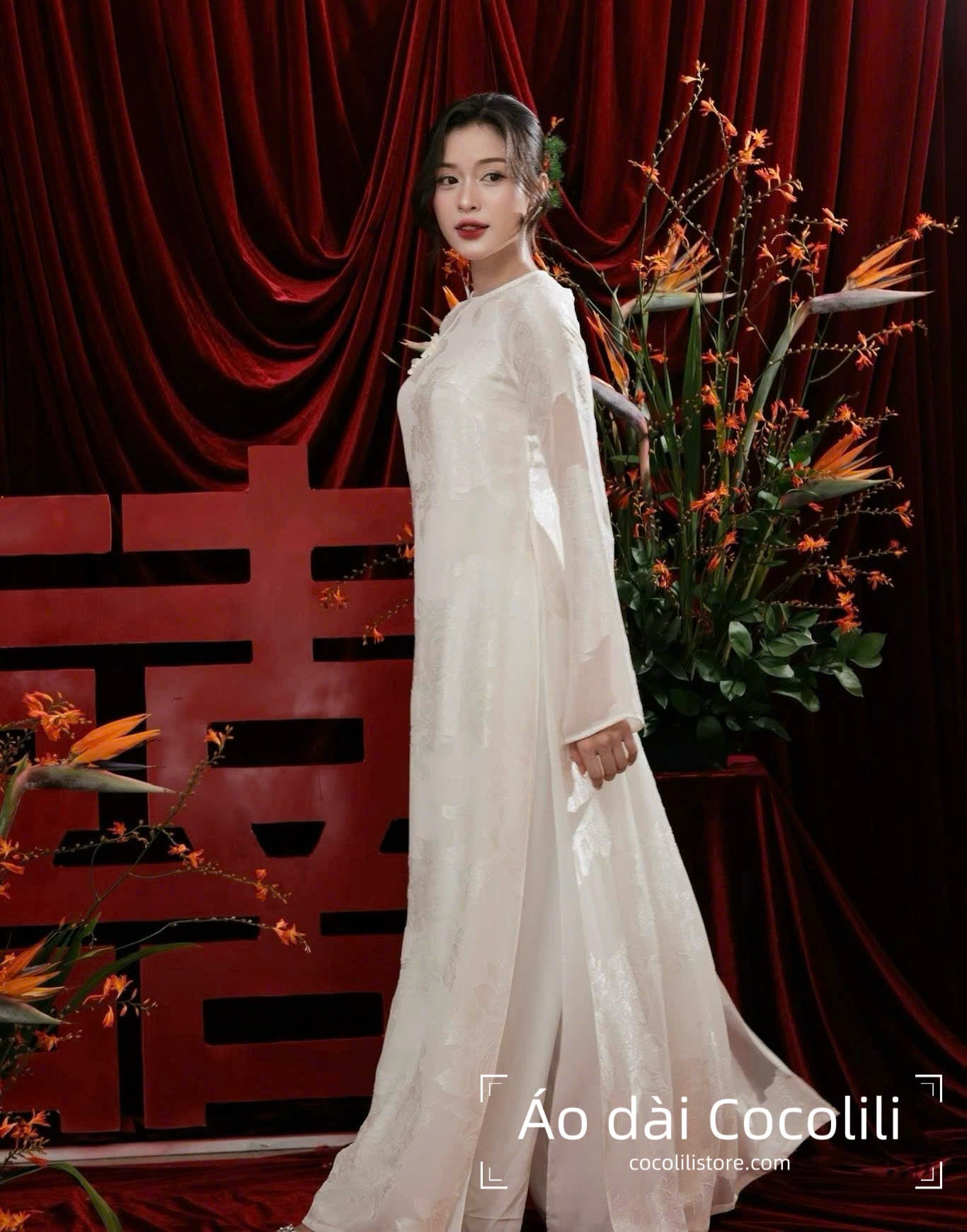 H534 3486 Only áo - Áo dài dáng suông tơ silk 4 tà màu trắng